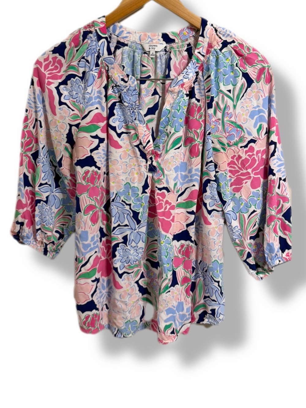 Crown & Ivy Floral Peasant Blouse Medium Pink Blue Rayon 3/4 Sleeve Boho Top
